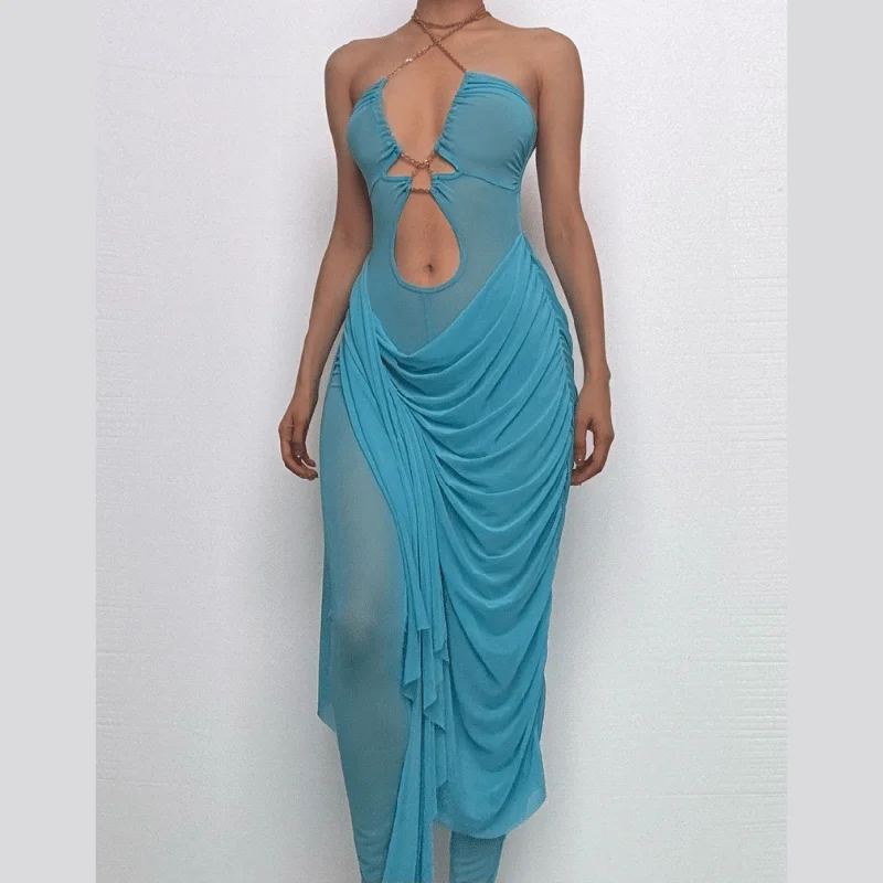 Metal chain halter ruched sheer mesh hollow out cut out maxi dress Elegant Maxi Dress with Pockets Metal chain halter ruched sheer mesh hollow out cut out maxi dress Elegant Maxi Dress with Pockets