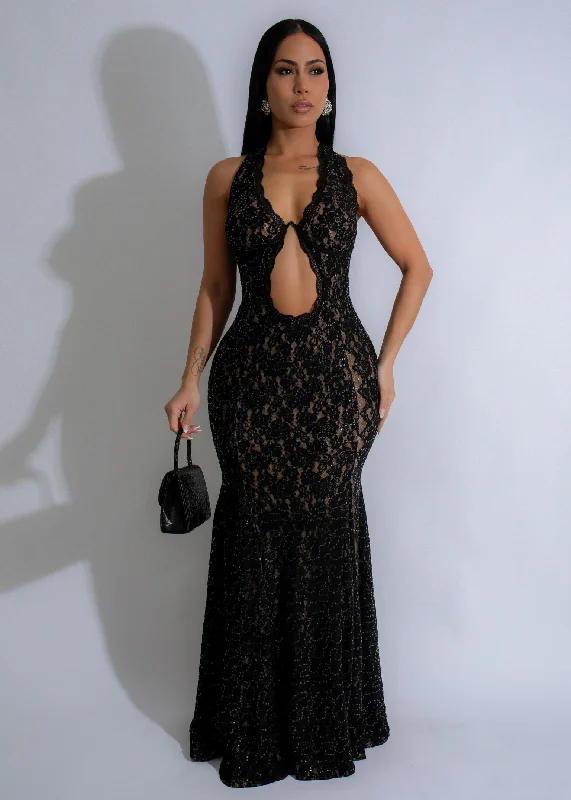Mystic Lace Sequin Lace Maxi Dress Black Elegant Maxi Dress with Belt
