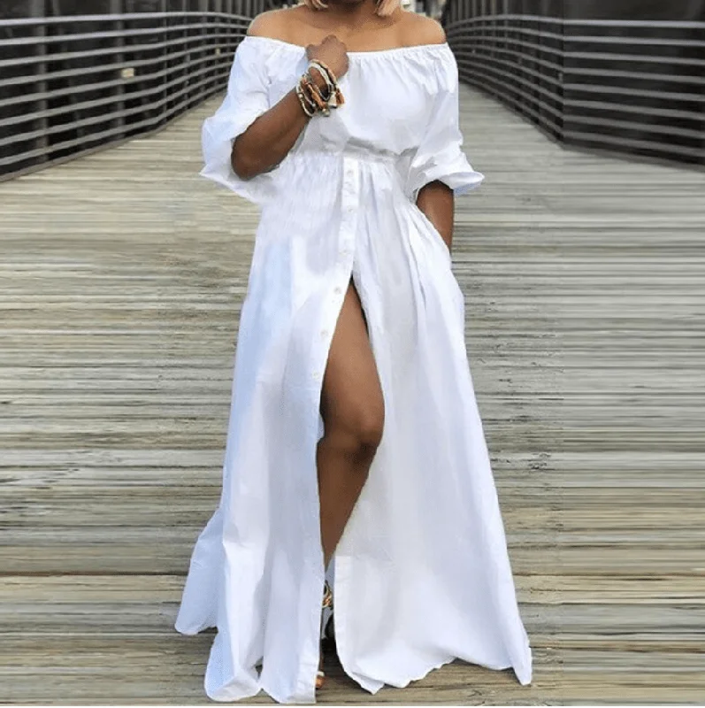 Off Shoulder High Split Maxi Dress Comfortable Plunging Neckline Maxi Dress