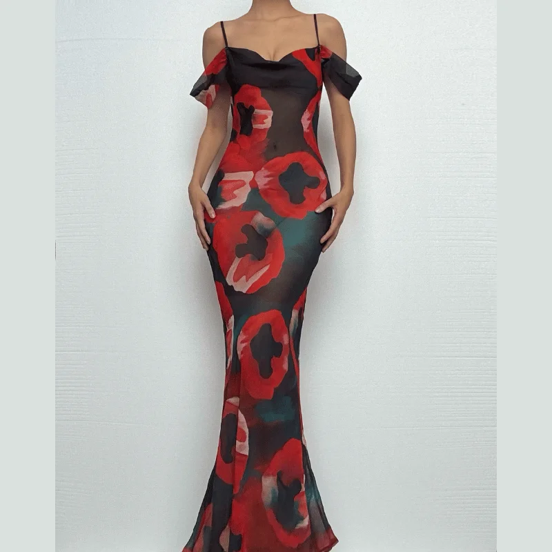 Off shoulder see through chiffon print maxi dress Comfortable T-Shirt Maxi Dress