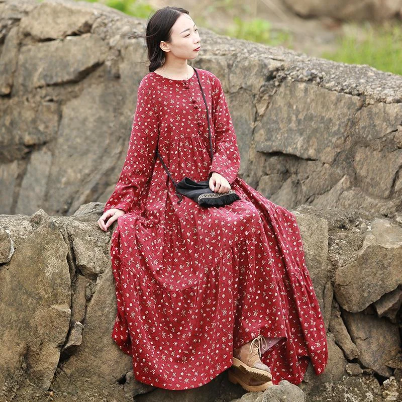 Oversized Floral Hippie Maxi Dress Cozy Maxi Dress with Slit