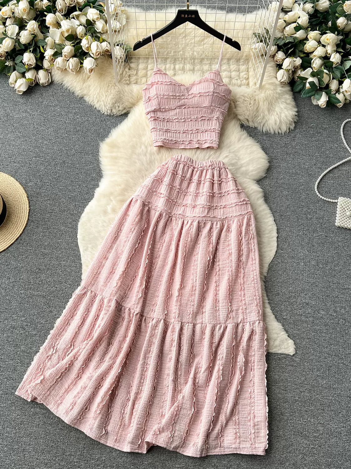 Pastel Pink Pleated Two-Piece Maxi Dress Comfortable Bohemian Maxi Dress