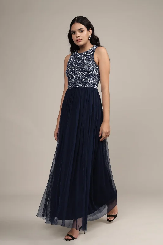 Picasso Embellished Maxi Dress in Navy with Pearl Beads Classic Tulle Maxi Dress