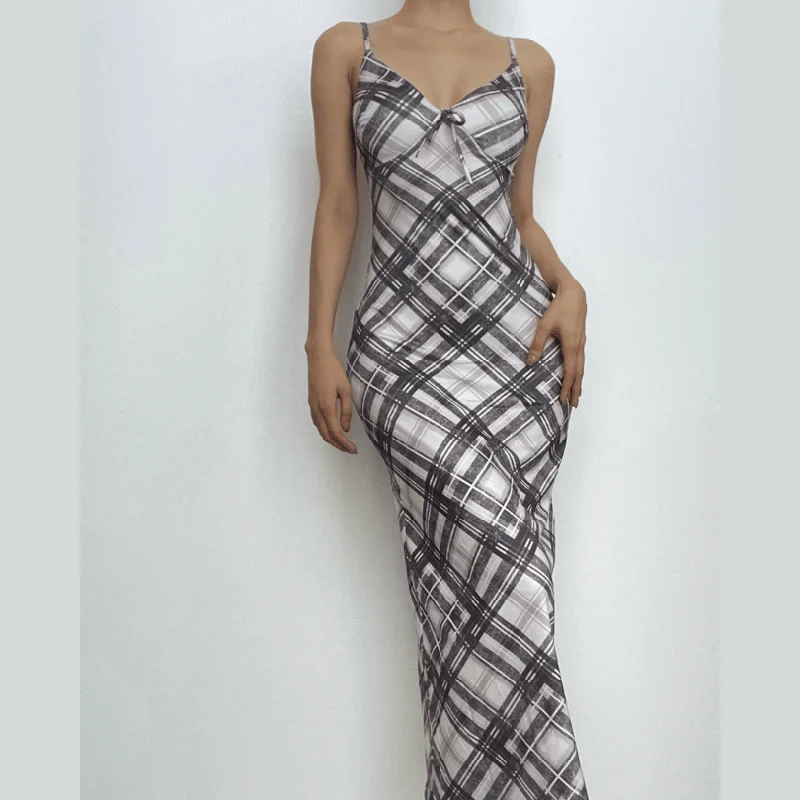 Plaid contrast v neck backless cami maxi dress Elegant Maxi Dress with Drapes