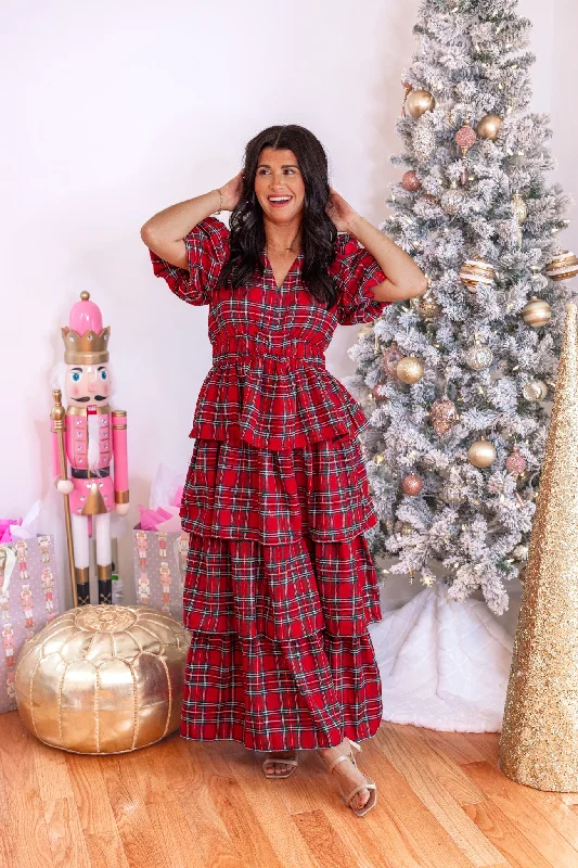 Plaid Holidays Red Maxi Dress Trendy Ruffled Maxi Dress