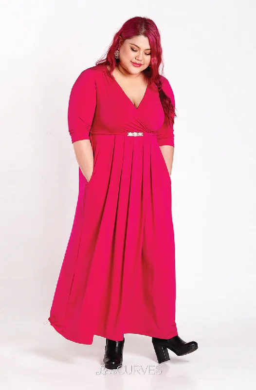 Pleated Wrap Maxi Dress with Charm Belt -Dark Pink - KDR Comfortable Ruffle Hem Maxi Dress Pleated Wrap Maxi Dress with Charm Belt -Dark Pink - KDR Comfortable Ruffle Hem Maxi Dress