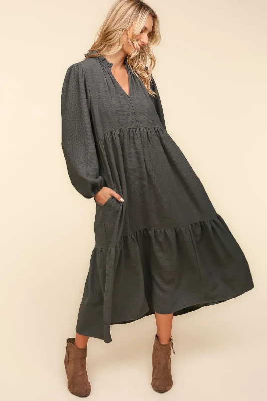 PLUS ASH BABYDOLL WOVEN MAXI DRESS WITH SIDE POCKETS Elegant Maxi Dress with Belt