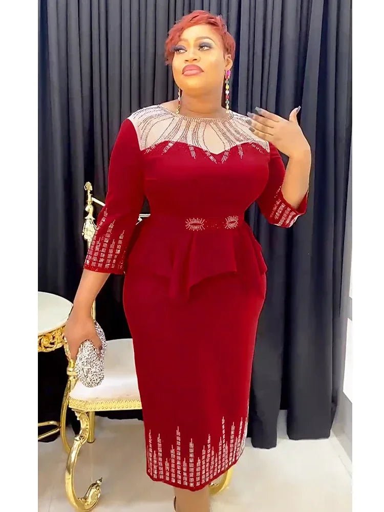 Plus Size African Bodycon Maxi Dress for Women – 3/4 Sleeve Polyester Evening Gown Stylish Button-Up Maxi Dress