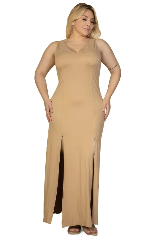 Plus Size Plunge Neck Thigh Split Maxi Dress Elegant Maxi Dress with Ruffles