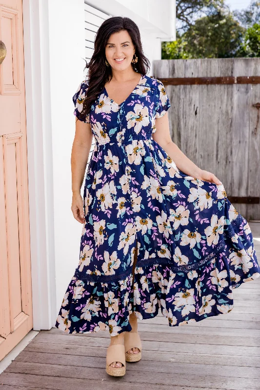 Milly Navy Floral Maxi Dress Elegant Maxi Dress with Drapes