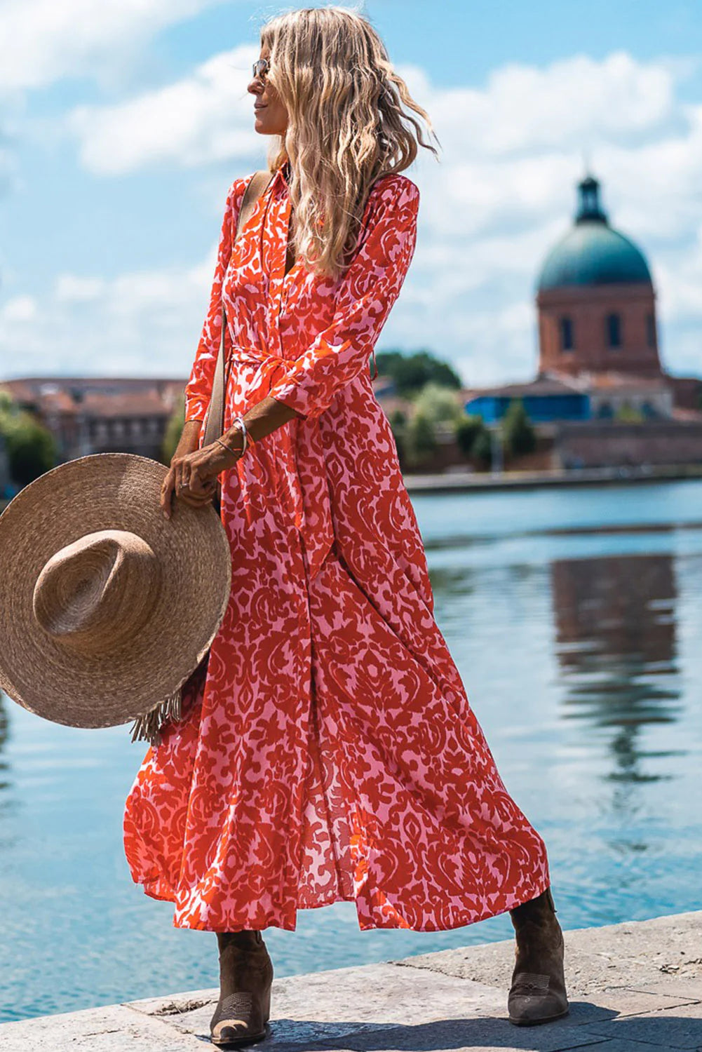 Western Vibes Stylish Red Print Tie Waist Maxi Dress Comfortable Ruffle Maxi Dress
