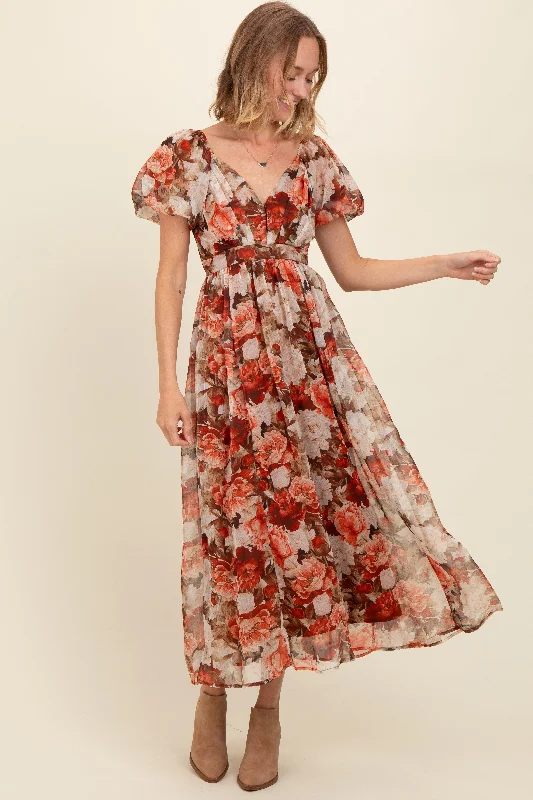 Rust Floral Puff Sleeve Maxi Dress Trendy Off-Shoulder Ruffle Maxi Dress
