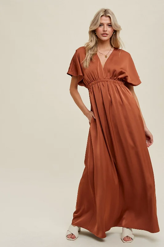 Rust Satin V-Neck Flutter Short Sleeve Maxi Dress Trendy Printed Maxi Dress