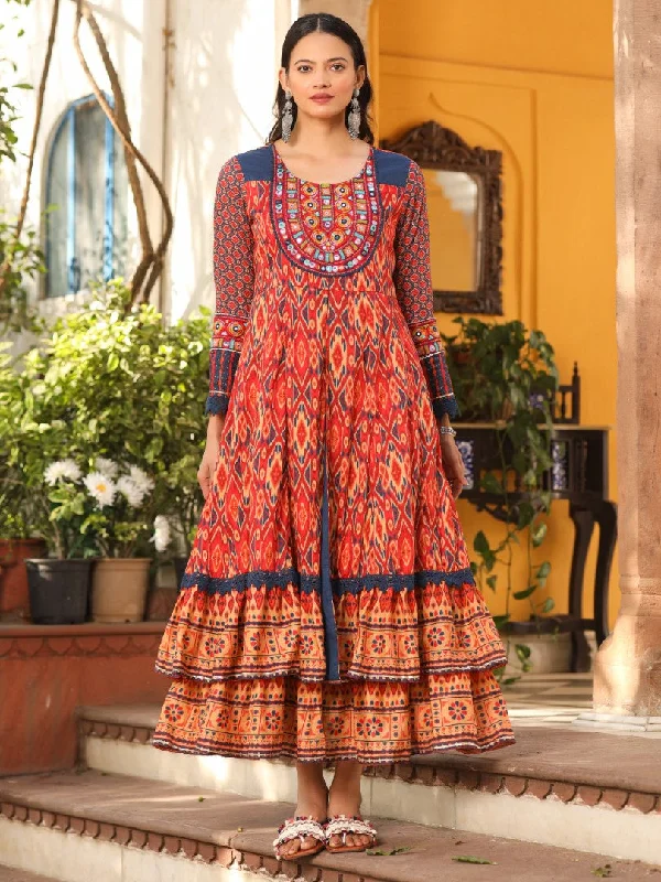 Women Ikat Printed & Embroidered Rust Cotton Voile Layered Maxi Dress Fashionable Printed Maxi Dress