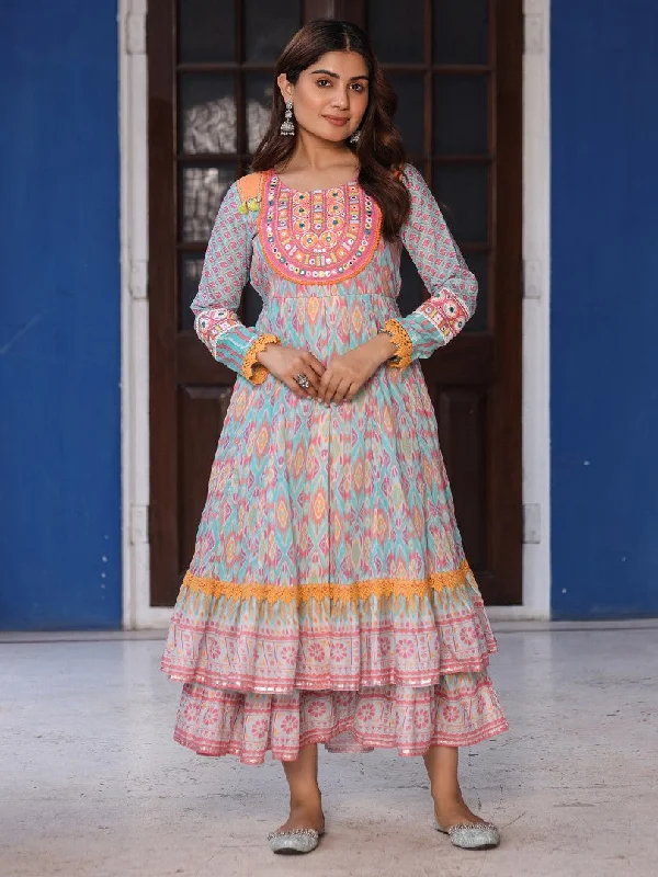 Women Ikat Printed & Embroidered Sky Blue Cotton Voile Layered Maxi Dress Fashionable Maxi Dress with Fringe Women Ikat Printed & Embroidered Sky Blue Cotton Voile Layered Maxi Dress Fashionable Maxi Dress with Fringe