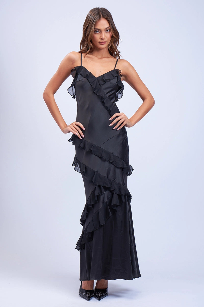 Satin Ruffle Trim Maxi Dress Stylish Boho Maxi Dress