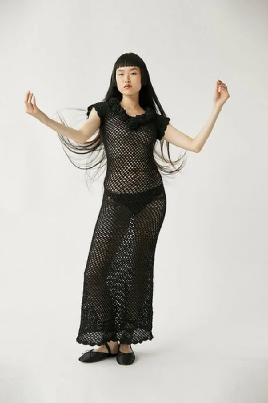 Selenge Crochet Maxi Dress | Black Fashionable High-Low Maxi Dress