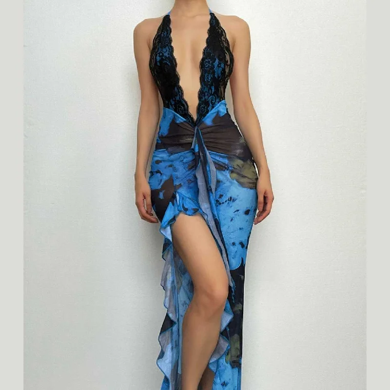 Self tie halter lace hem irregular backless contrast maxi dress Classic Tulle Maxi Dress Self tie halter lace hem irregular backless contrast maxi dress Classic Tulle Maxi Dress
