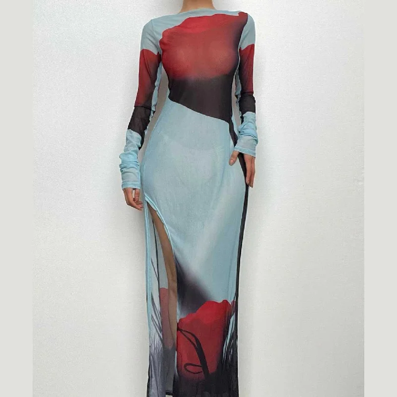 Sheer mesh see through abstract contrast long sleeve slit maxi dress Fashionable Asymmetrical Maxi Dress