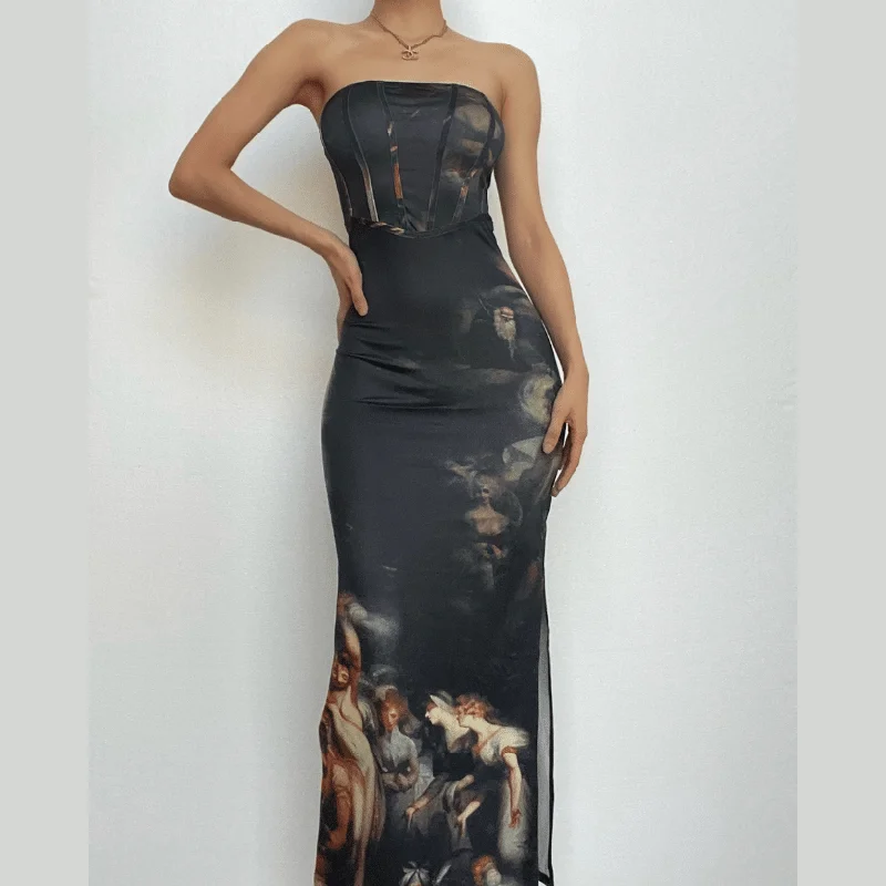 Slit abstract contrast bustier backless tube maxi dress Elegant Lace Maxi Dress