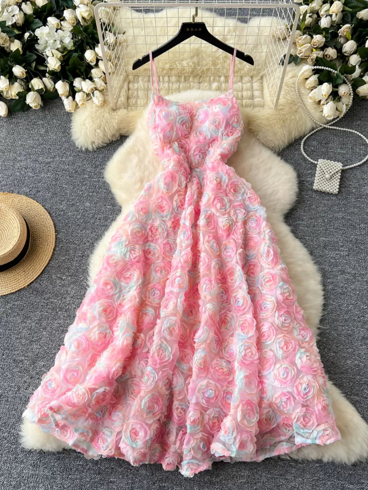 Spaghetti Straps Pink Floral Maxi Dress Trendy Satin Maxi Dress
