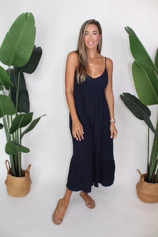 Splendid Kit Gauze Maxi Dress Navy Stylish Pleated A-Line Maxi Dress