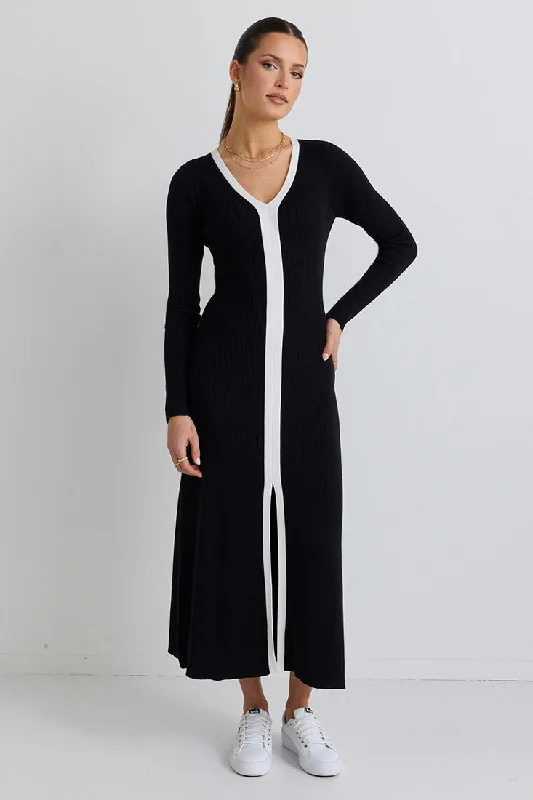 Spree Black and White V Neck Rib Knit Maxi Dress Cozy Cold-Shoulder Maxi Dress