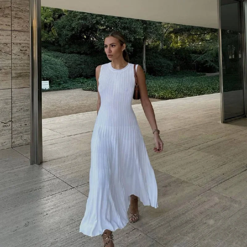 Spring Summer Knitted Dress Casual Waist Tight round Neck Big Pit Stripe Slimming Knitted Maxi Dress for Women Stylish Maxi Dress with Pleats Spring Summer Knitted Dress Casual Waist Tight round Neck Big Pit Stripe Slimming Knitted Maxi Dress for Women Stylish Maxi Dress with Pleats