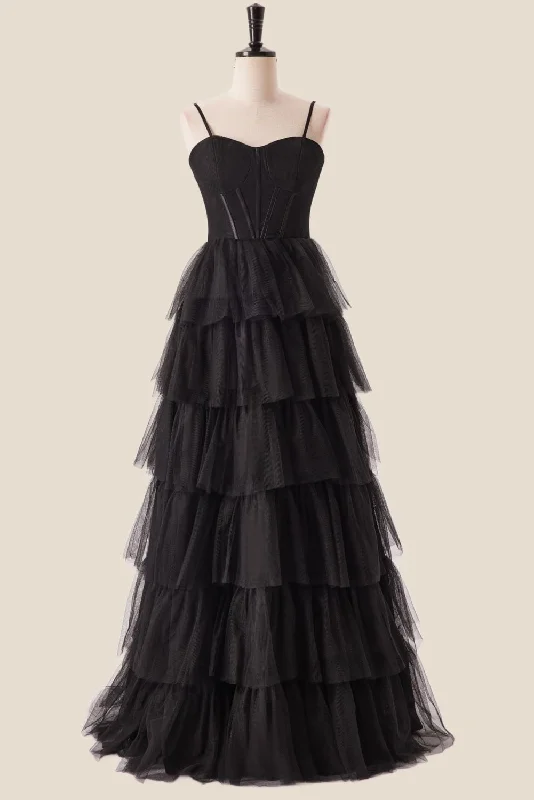 Straps Black Tiered Ruffles Long Maxi Dress Classic Strapless Maxi Dress