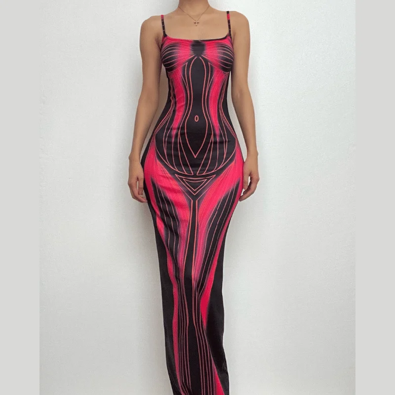 Body print contrast square neck backless cami maxi dress Stylish Long Sleeve Maxi Dress