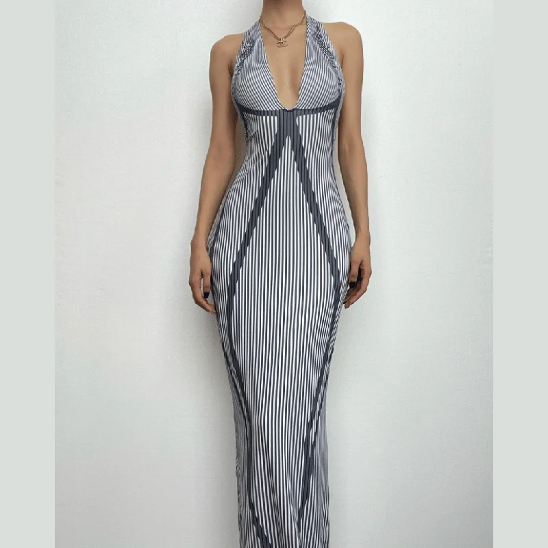 Striped contrast v neck halter backless sleeveless maxi dress Classic Strapless Maxi Dress Striped contrast v neck halter backless sleeveless maxi dress Classic Strapless Maxi Dress