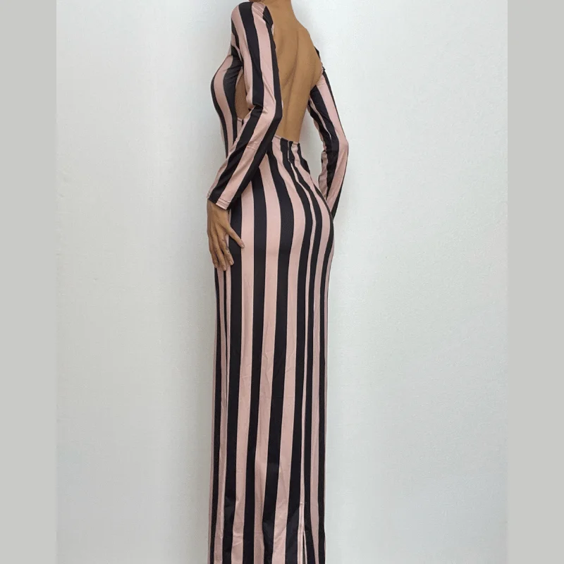 Striped print backless long sleeve contrast round neck maxi dress Stylish A-Line Maxi Dress Striped print backless long sleeve contrast round neck maxi dress Stylish A-Line Maxi Dress