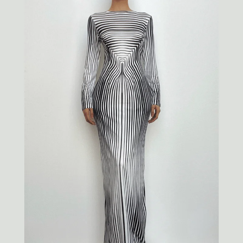 Striped print long sleeve crewneck contrast maxi dress Trendy Maxi Dress with Bow