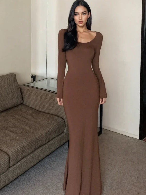 Subtle Curve-Enhancing Long-Sleeve Brown Maxi Dress Comfortable Maxi Dress with Belt Subtle Curve-Enhancing Long-Sleeve Brown Maxi Dress Comfortable Maxi Dress with Belt