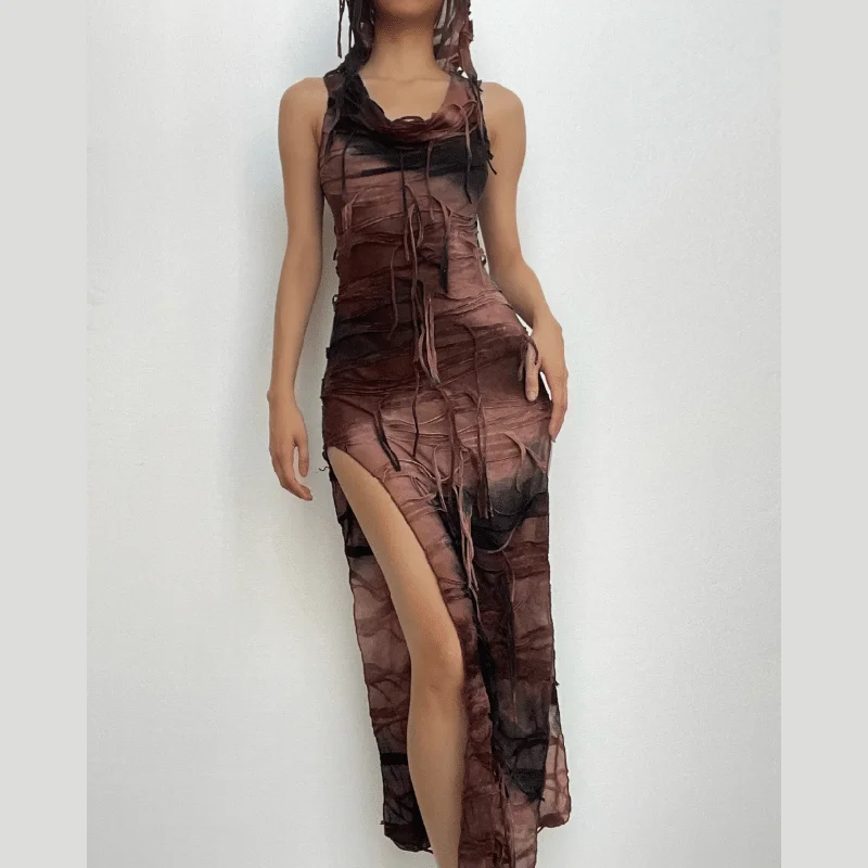 Textured tie dye slit hoodie sleeveless contrast maxi dress Comfortable Fit-and-Flare Maxi Dress Textured tie dye slit hoodie sleeveless contrast maxi dress Comfortable Fit-and-Flare Maxi Dress