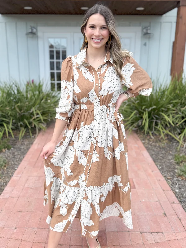 The Johnny Floral Scalloped Long Sleeve Maxi Dress-Camel Cozy Ribbed Maxi Dress