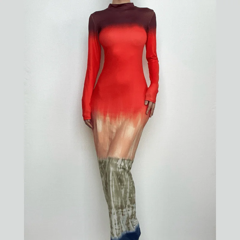 Tie dye print long sleeve high neck contrast maxi dress Trendy Short Sleeve Maxi Dress