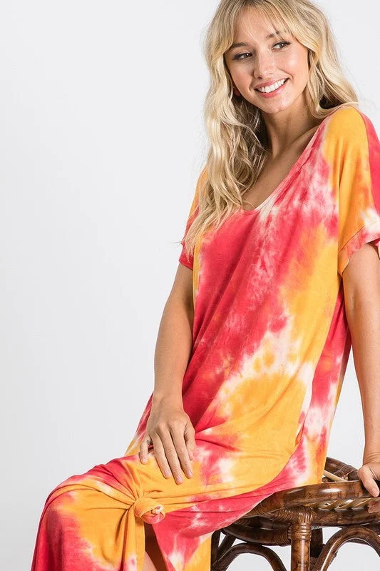 Tie Dye Side Slit Maxi Dress Trendy Floral Print Maxi Dress
