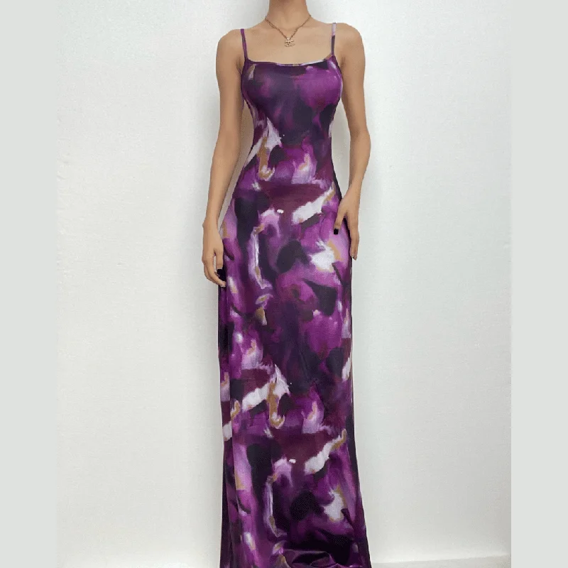 Tie dye square neck contrast backless cami maxi dress Elegant Pleated Maxi Dress