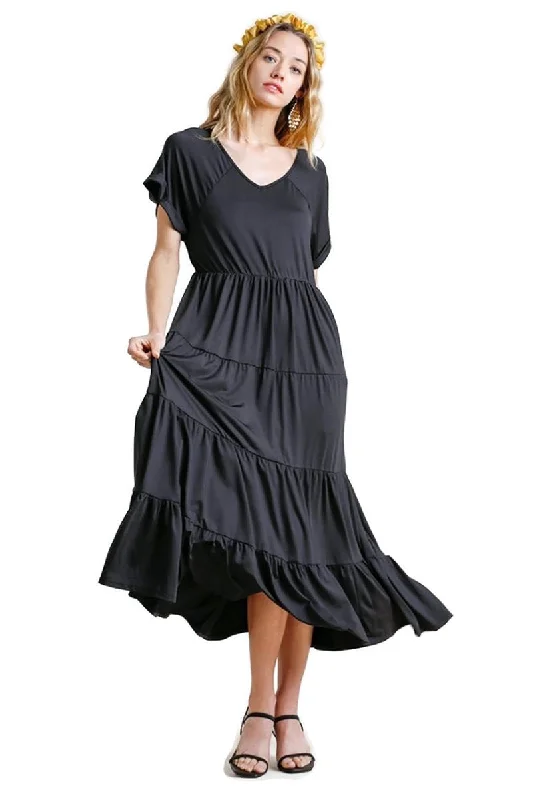 Tiered V-Neck Maxi Dress, Black Stylish Maxi Dress with Frills