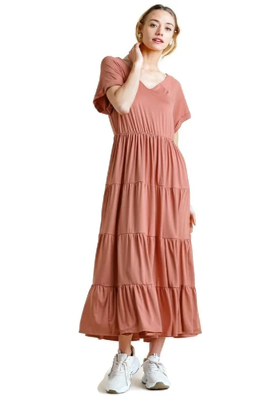 Tiered V-Neck Maxi Dress, Clay Stylish Button-Up Maxi Dress