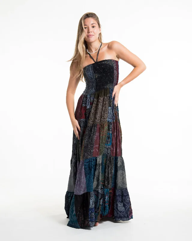 Upcycled Patchwork Multi Print Maxi Dress in Gray Cozy Maxi Dress with Slit