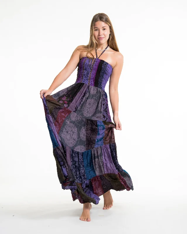 Upcycled Patchwork Multi Print Maxi Dress in Purple Classic A-Line Maxi Dress