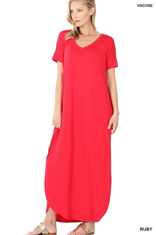 V Neck Short Sleeve Maxi Dress Classic Solid Maxi Dress