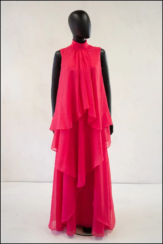 Vintage 1970s Pink Chiffon Maxi Dress Cozy Cold-Shoulder Maxi Dress