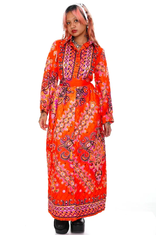 Vintage 70's Bright Orange Pattern Long-Sleeve Maxi Dress - XS/S Trendy Maxi Dress with Straps