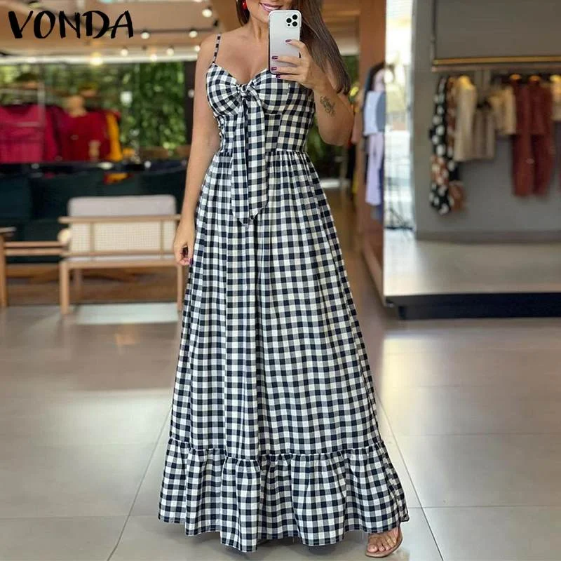 Vintage Style Plaid Beach Maxi Dress Chic Button-Up Maxi Dress