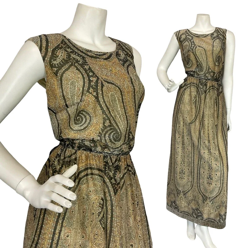 VTG 60S 70S CREAM GOLD BLACK PAISLEY BOHO HIPPY EVENING PARTY MAXI DRESS 12 Fashionable Sleeveless Maxi Dress VTG 60S 70S CREAM GOLD BLACK PAISLEY BOHO HIPPY EVENING PARTY MAXI DRESS 12 Fashionable Sleeveless Maxi Dress