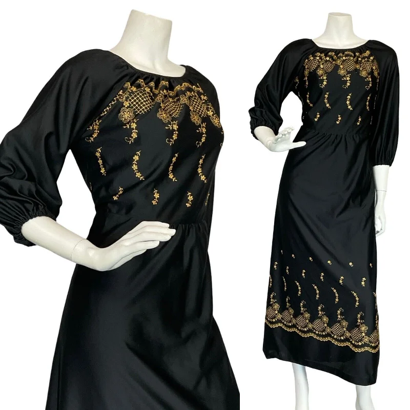 VTG 70S BLACK GOLD FLORAL EMBROIDERY BOAT NECK HIPPY PARTY MAXI DRESS 10 12 Elegant Wraparound Maxi Dress VTG 70S BLACK GOLD FLORAL EMBROIDERY BOAT NECK HIPPY PARTY MAXI DRESS 10 12 Elegant Wraparound Maxi Dress