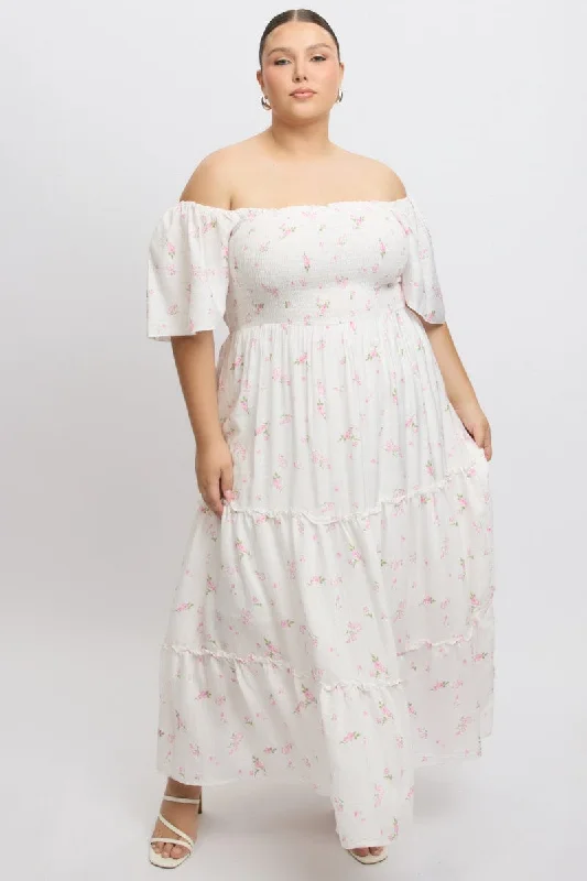 White Ditsy Maxi Dress Short Sleeve Tiered Elegant Wraparound Maxi Dress